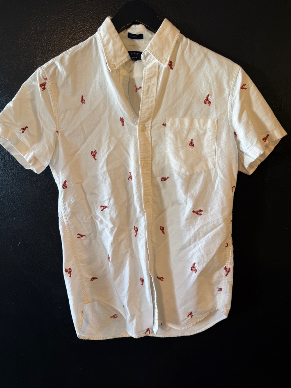 J. Crew White Short-Sleeve Button-Down Shirt with Red Lobster Embroidery